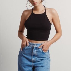 Tobi Black Open Back Tie Back Halter Crop Top